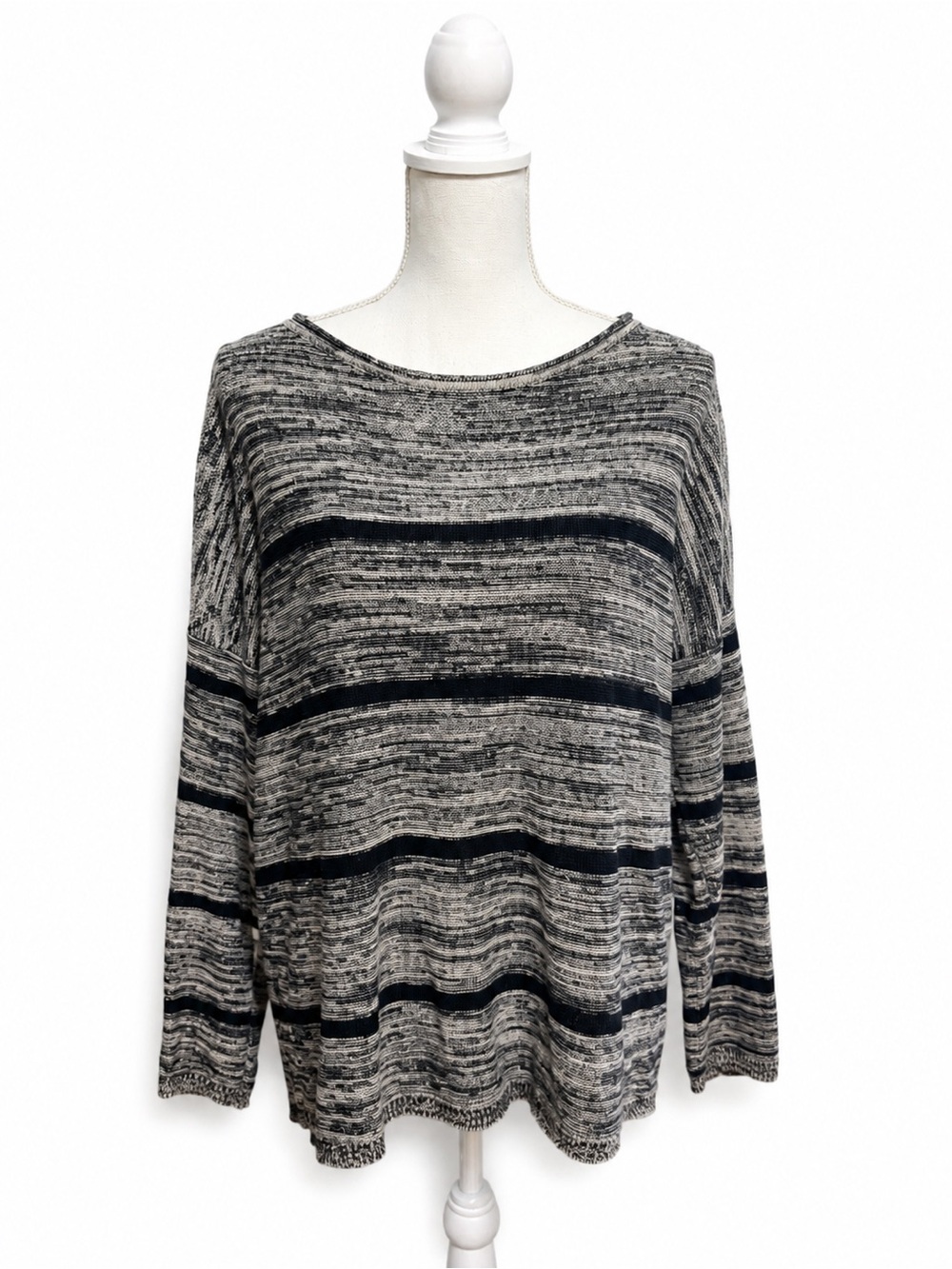 Eileen Fisher 100% Organic Linen Black Gray Striped Relaxed Sweater Quiet Luxury